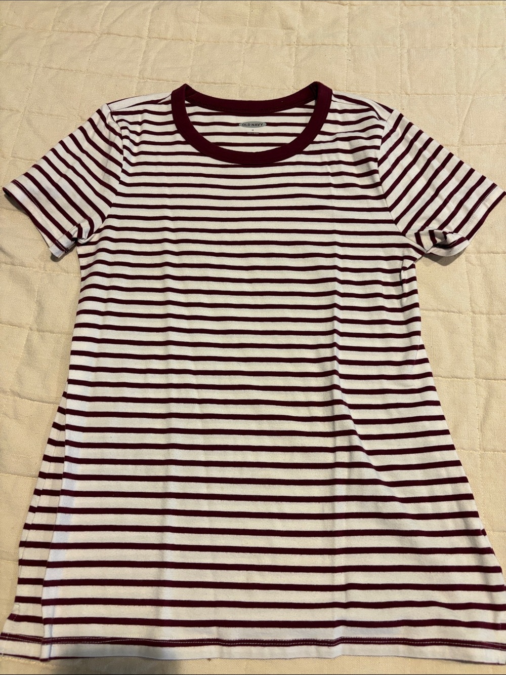 Old Navy Striped Crewneck T-Shirt in White and Burgundy